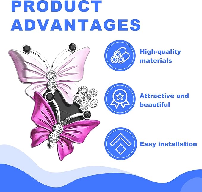 Car Shiny Dual Butterfly Air Outlet Clips, Crystal Air Fresheners Vent Clips, Car Diffuser Vent Clip Rhinestone Diamond Interior Decor, Car Decoration, Bling Car Accessories (2 Pcs Pink)