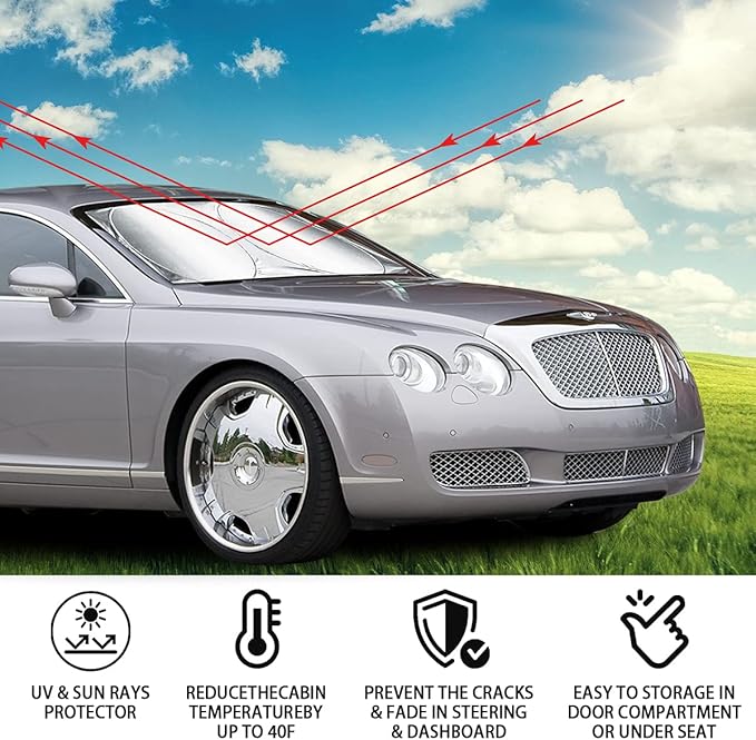 Foldable Windshield Sun Shade, Bonus Steering Wheel Sun Shield to Block UV Rays Keep Your Vehicle Cooler, Easy to Use Car Interior Accessories (Large)
