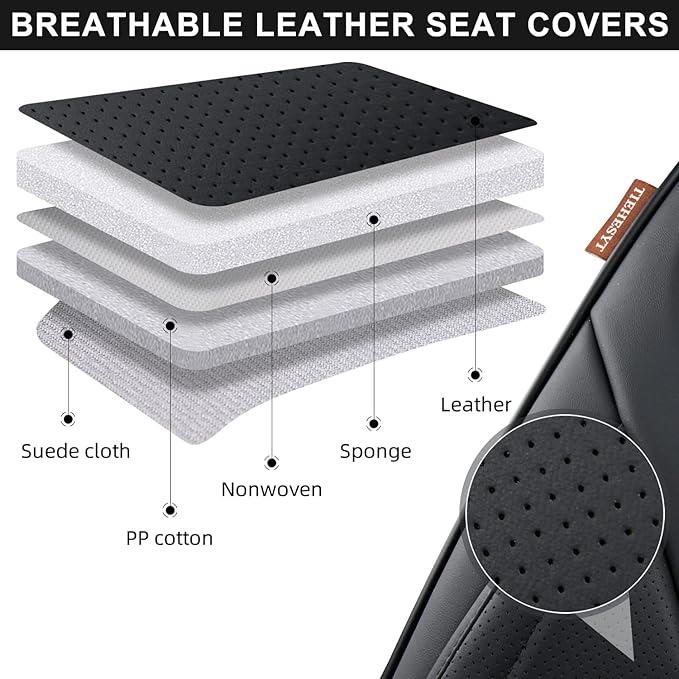 Black Car Seat Covers Full Set, Breathable Leather Automotive Front and Rear Seat Covers & Headrest for Comfortable Driving, Universal Auto Interior Fit for Most Kinds of Vehicles, Cars