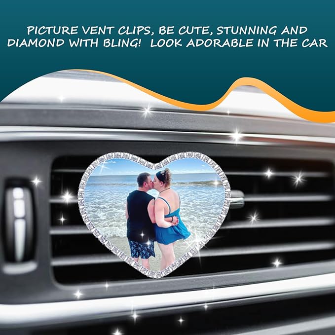 Custom Rhinestone Car Air Vent Clips, Personalized Rhinestone Photo Frame Air Fresheners Vent Clips, Car Decoration for Missing One, In Memory of Someone(Rhinestone-Bordered Heart)