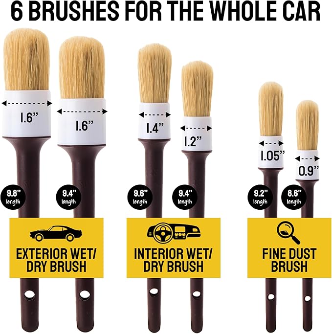 Car Detailing Brush Set 9-pc - Boars Hair Brushes Plus Wheel Cleaner, Tire Brush and Dressing Applicator - Car Cleaning Kit for Leather Seats, Dashboards, Wheels, Grills and Paint