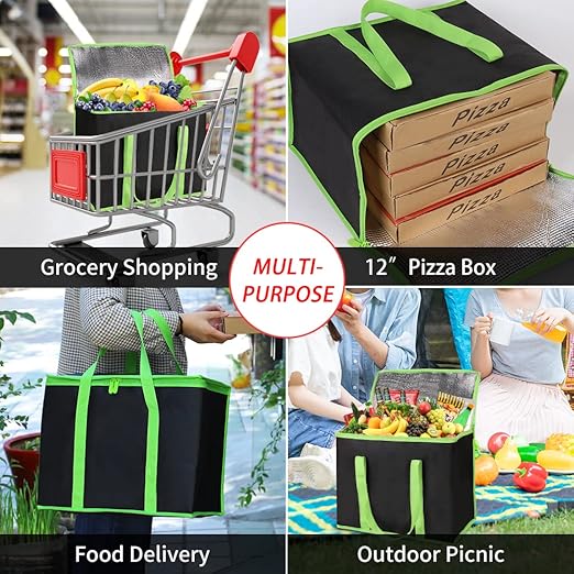 CIVJET 1-Pack Insulated Reusable Grocery Bags, X-Large Insulated Food Delivery Bag for Delivery Drivers, Commercial Food Warmer for Shopping, Tote Cooler Bags, Black with Green Edge