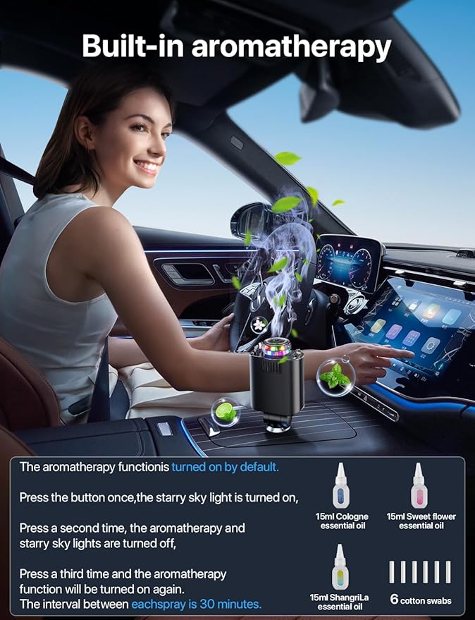 Aromatherapy 5 in 1 Retractable Car Charger with Starlight, USB C Car Charger Adapter and 2 USB Ports, Aroma Starry Sky Car Air Freshener Diffuser Fast Charging Compatible with iPhone 16 15 14 13 12