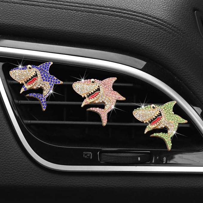 Generic 2 PCS Bling Rhinestone Sharks Car Air Vent Clips Cute Marine Animals Car Air Freshener Clip Air Conditioning Outlet Clip Funny Car Interior Decoration Accessories for Women Men (Blue Green)