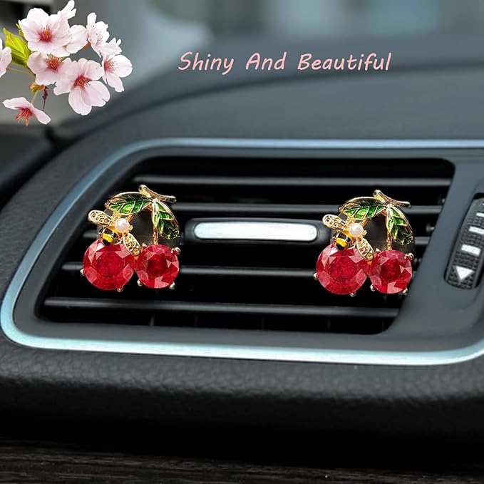Cherry Car Decor,2pcs Bee Leaf Cherry Car Air Freshener Vent Clips,Cute Retro Sweet Themed DashBoard Decoration Accessories for Women Teens,Refillable Aroma Diffuser