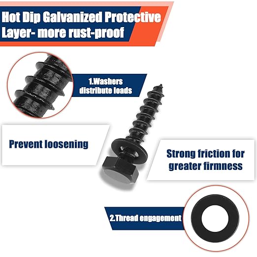 Tandefio 60 Pack 3/8''x 2'' Ceramic Black Lag Screw Kit with Washers Hex Lag Bolts Wood Screws Heavy Duty Hot Dip Galvanized Double Layer for Wood Decks Fences