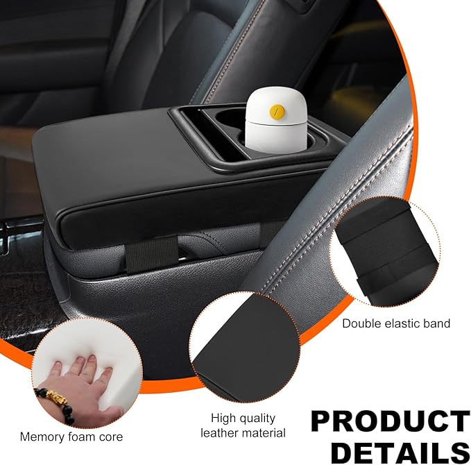 Center Console Armrest Pillow, 14.0"×8.3" Soft Leather Waterproof Armrest Cushion with Cup Holder, Comfy Memory Foam Auto Arm Rest Pad with Storage Bag, Car Accessories (Glossy)