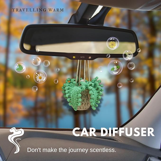 Handmade Crochet Hanging Car Air Freshener - Botanical Fern Leaf Design with 12ml Refillable Glass Essential Oil Bottle, Long-Lasting Car Diffuser & Nature-Inspired Decor