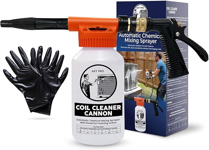 AC Coil Cleaner Cannon Sprayer - Automatic Mixing Foam Gun for HVAC Coil Cleaner - Air Conditioner Coil Cleaner for AC Unit, Evaporator & Condenser Coils - 2-Quart Bottle with Dilution Ratios + Gloves