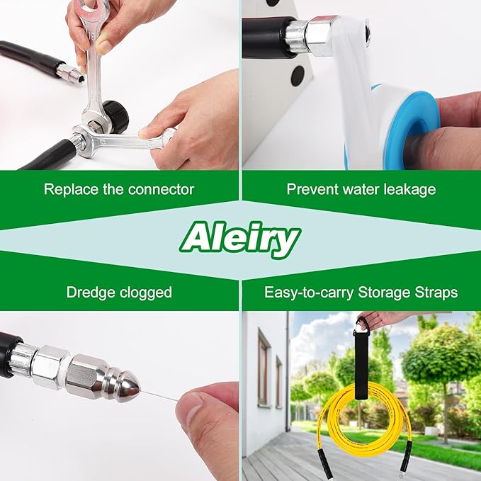 Sewer Jetter Kit for Pressure Washer,Water Jet Drain Cleaning Hose with Corner Rotating Button Spring Nose 1/4" NPT Sewer Cleaning Tool High-Pressure Nozzles,5800 PSI 100 FT