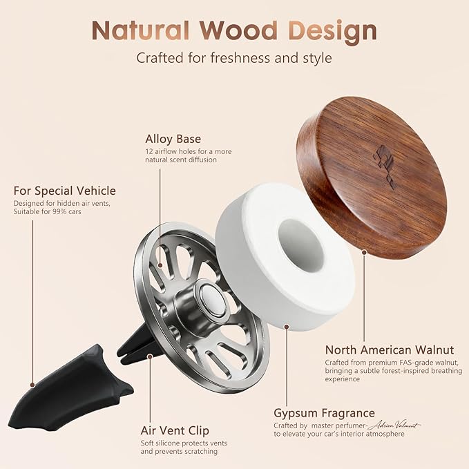 Wooden Car Air Freshener Vent Clip, Refillable Essential Oil Diffuser with Long-Lasting Natural Scent, North American Walnut & Metal Auto Deodorizer, Includes 2 Clips + 4 Plaster Refills