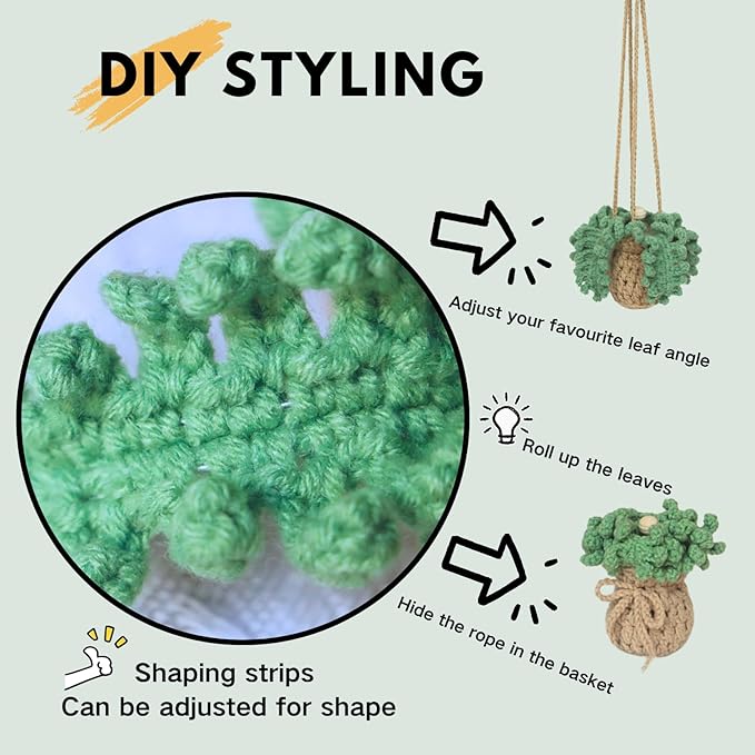 Handmade Crochet Hanging Car Air Freshener - Botanical Fern Leaf Design with 12ml Refillable Glass Essential Oil Bottle, Long-Lasting Car Diffuser & Nature-Inspired Decor