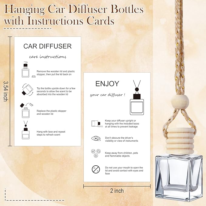 Boao 50 Sets Hanging Car Air Freshener Diffuser Bottles with 2 x 3.54 Inch Car Diffuser Instructions Cards for Empty Essential Oil Bottles(White Card,Flat Square)