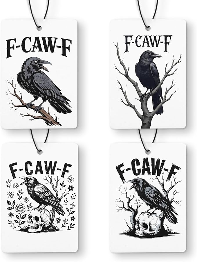 Funny Gothic Skull Black Crow Car Air Freshener 4 Pcs, Dark Humor Raven Hanging Air Freshener for Cars Closet Drawer Books, Witchy Goth Bird Floral Car Accessories for Women Men