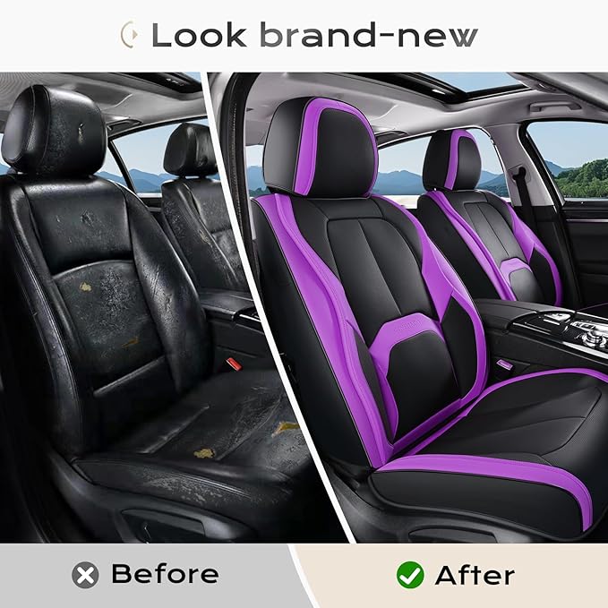 Coverado Car Seat Covers Full Set, Waterproof Nappa Leather Seat Covers for Car, Car Seat Protector with Lumbar Support, Automotive Seat Covers Universal Fit for Most Cars SUV Trucks, (Black&Purple)