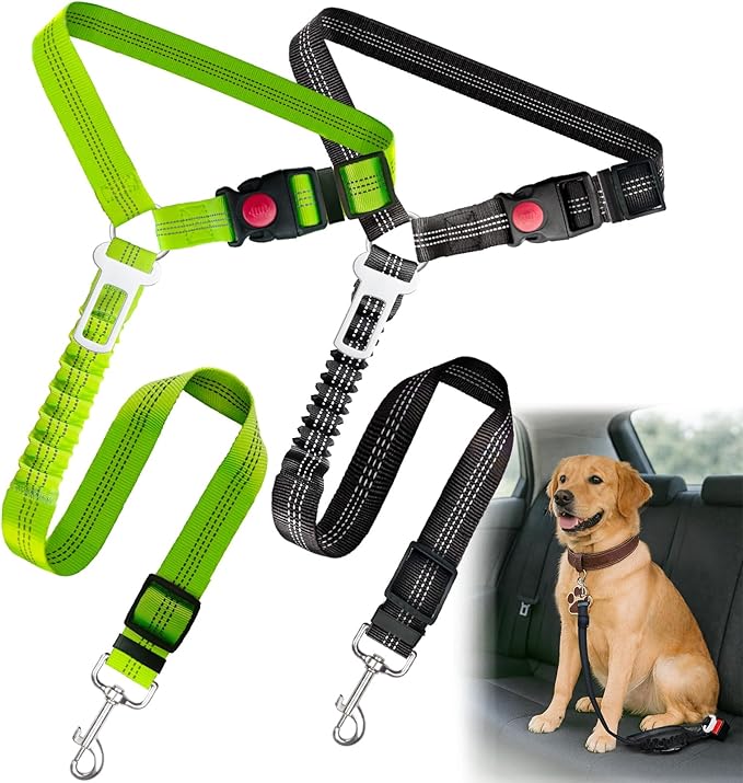 2-Pack Dog Car Seat Belt, 3-in-1 Headrest-Mounted Dog Seatbelt for Car, Adjustable Nylon Pet Safety Leash with Elastic Buffer & Reflective Stitching, Durable Car Harness for Dogs Fits Most Vehicles