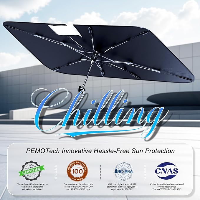 PEMOTech 2026 Upgraded Versatile Car Umbrella Windshield Sun Shade for Sedan/SUV | Keep Cool & Protect Interior | Reliable UV Blocker&Heat Shield | Car Window Shades | Large (57"x32")