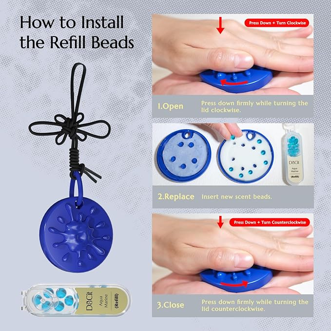 Car Air Freshener Hanging, Car Fresheners Long Lasting for Men & Women, Refillable Essential Oil Diffuser with 7 Beads + 14 Refills, 40-50 Days Scent for Home, Office, Bathroom - Ocean