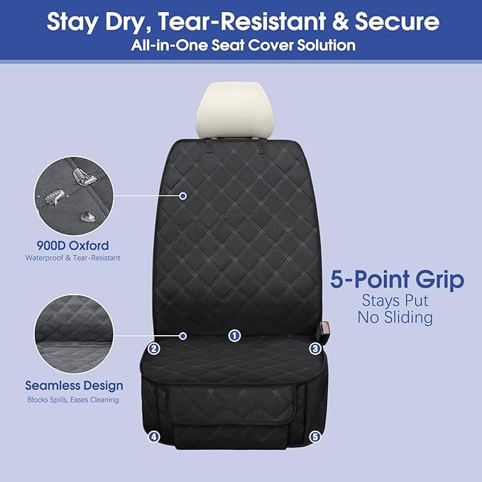 Heavy Duty Dog Front Seat Cover with Side Flaps - 900D Waterproof Car Seat Cover, Protects from Dirt, Fur & Scratches, Fits Captain Seats, Cars SUV Trucks Minivans(2-Pack)