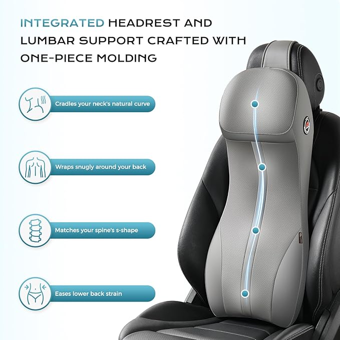 Coverado Memory Foam Car Seat Cushion and Lumbar Support Headrest Pillow, 2-in-1 Integrated Ergonomic Back Support Neck Pillow, Breathable Seat Cushion for Sciatica Back Tailbone Pain Relief, Gray
