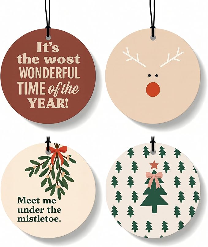 Boho Christmas Car Air Freshener 4 Pcs, Coquette Bow Xmas Tree Mistletoe Reindeer Hanging Air Freshener for Cars Closet Drawer Books, Girly Christmas Car Accessories Mirror Decor for Women