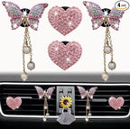 Pink Heart & Butterfly Pandent Air Vent Clips, 4 Pcs Bling Heart Car Air Fresheners Vents Clips Diamond Interior Decor Bling Cute Car Accessories Decoration for Women +Sunflower Mask Hook