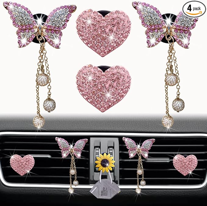 Pink Heart & Butterfly Pandent Air Vent Clips, 4 Pcs Bling Heart Car Air Fresheners Vents Clips Diamond Interior Decor Bling Cute Car Accessories Decoration for Women +Sunflower Mask Hook
