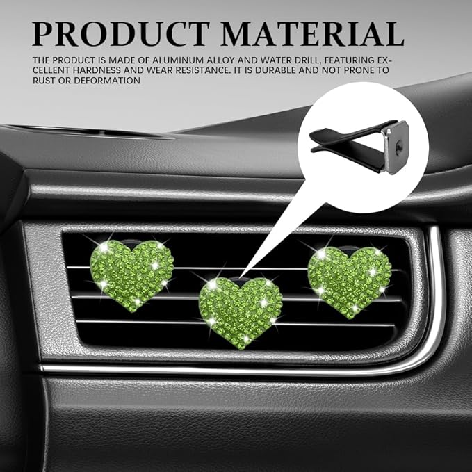 4PCS Heart-Shaped Car Vent Clip with Rhinestone, Vent Clip Car Accessories, Sparkly Rhinestone Bling Diamond Freshener Holder, Air Conditioning Outlet Ornament for Women Girls (Green, Style1)