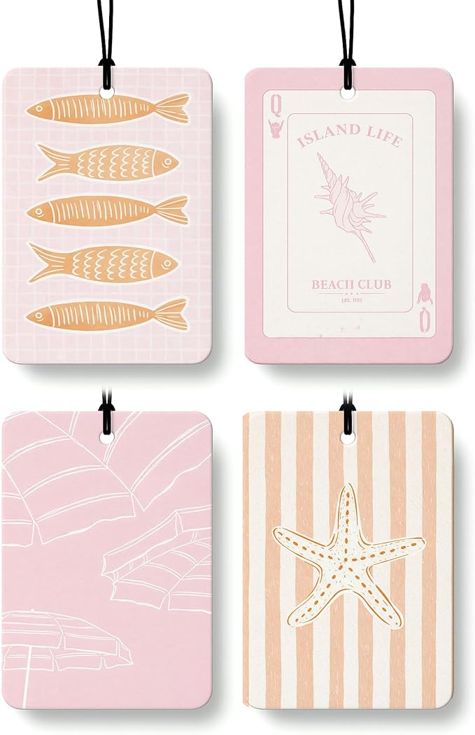 Pink Summer Beach Car Air Freshener 4 Pcs, Coastal Preppy Fish Conch Shell Starfish Ocean Hanging Air Freshener for Closet Drawer Books, Girly Beachy Car Accessories Mirror Decor for Women