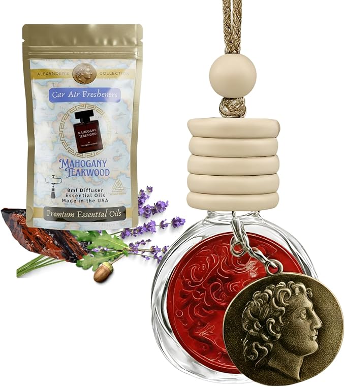 Mahogany Teakwood Luxury Car Air Freshener - Rich Scent Inspired by Classic Teakwood, Long-Lasting 100% Essential Oils, Made in USA - Includes Bronze Alexander Coin Charm by House Of Olympus