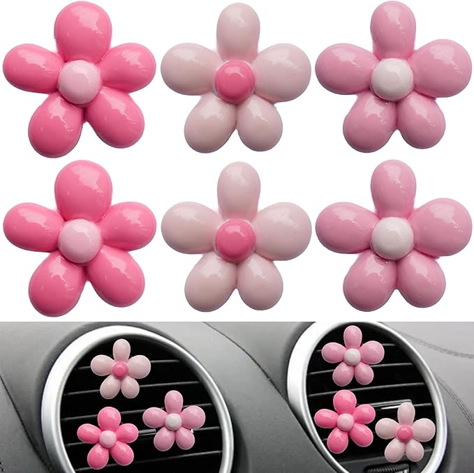 Pink Flower Air Freshener Vent Clips Pink Car Accessories, 6Pcs 3D Pinky Daisy Air Vent Clips for Fresheners Car Decoration, Fashion Flower Airs Freshener Vents Clip for Women Gifts