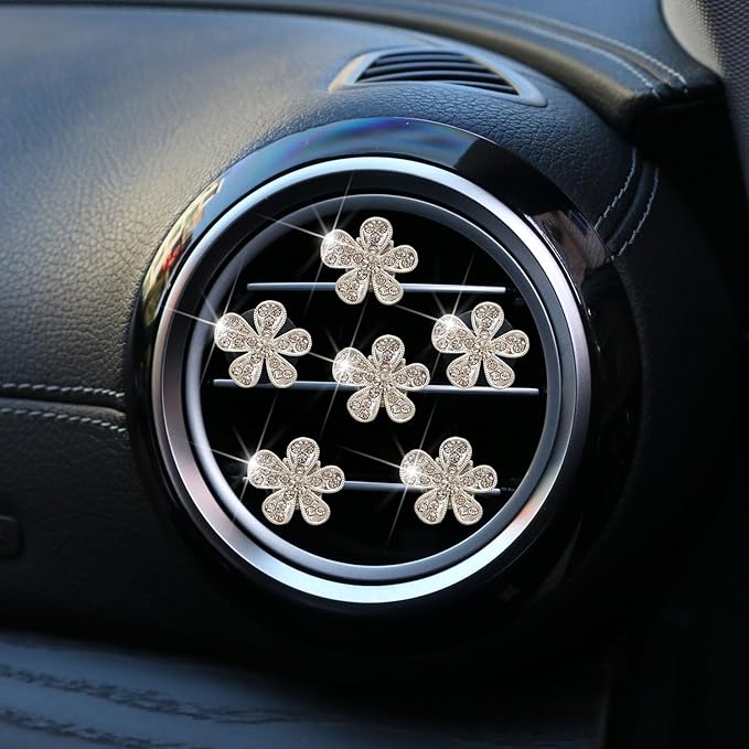 6 Pcs Silvery White Daisy Car Decoration Bling Flower Air Vent Clip Air Conditioning Outlet Clip Air Freshener Clip Car With Rhinestone Interior Decor Charm Interior Accessories for Girls Women