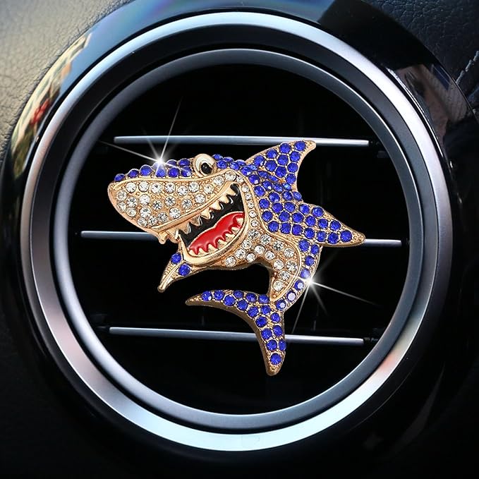 Generic 2 PCS Bling Rhinestone Sharks Car Air Vent Clips Cute Marine Animals Car Air Freshener Clip Air Conditioning Outlet Clip Funny Car Interior Decoration Accessories for Women Men (Blue Green)