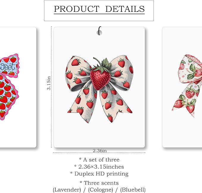 Mancheng-zi Coquette Strawberry Bow Car Air Freshener 3Pcs, Cute Preppy Girly Air Freshener Hanging for Cars Closet Drawer or Books, cute Strawberry Car Accessories Mirror Decor for Women