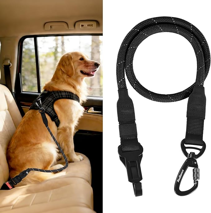 PetBonus Dog Seat Belt for Car, Durable Rope Dog Car Harness Seatbelt for Vehicle, Pet Tether Safety Restraint with Heavy Duty Buckle Hook Latch Lockable Clip for Small Medium Large Breeds (Black)