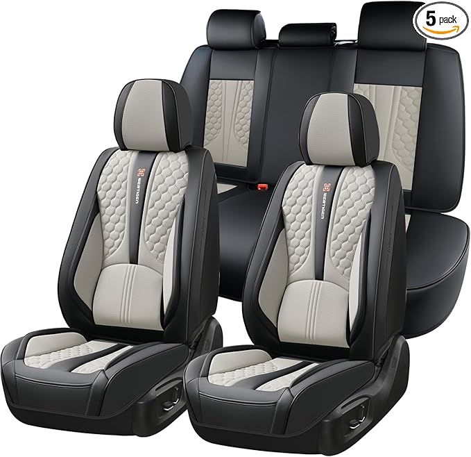 Universal Car Seat Covers, Black and Gray, Premium Nappa Leather, with Lumbar Support, Waterproof, Full Set, Non-Slip, Contoured Fit, Fits Most Vehicles, Upgraded Protection for Car Interiors