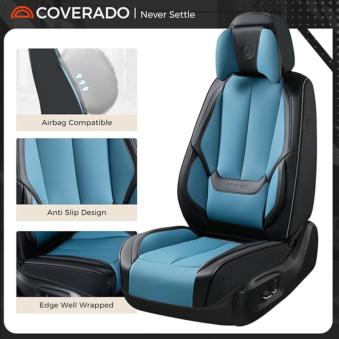 Coverado Seat Covers Full Set, Seat Covers for Cars, 5 Seats Waterproof Nappa Leather Car Seat Covers with Head Pillow, Seat Protectors Car Seat Cushion Universal Fit for Most Cars (Black&Blue)