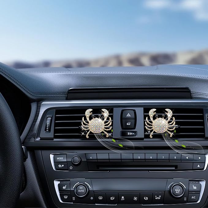 Crab Car Decor,Cute Beach Coastal Car Vent Clips,2pcs Bling Crab Car Air Freshener,Ocean Themed Decoration Accessories for Women,Refillable Aroma Diffuser