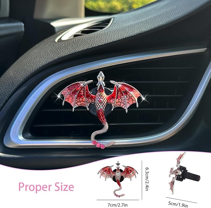 Dragon Car Decor,1pc Bling Red Dragon Car Air Freshener Vent Clips,Cute Alloy Enamel Wyvern Dragon Goth Vent Clips Dashboard Decorations,Refillable Essential Oil Diffuser