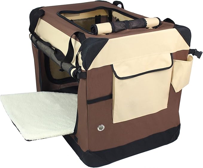 EliteField 4-Door Folding Soft Dog Crate with Curtains, Carrying Bag and Fleece Bed (2 Year Warranty), Indoor & Outdoor Pet Home (20" L x 14" W x 14" H, Brown+Beige)