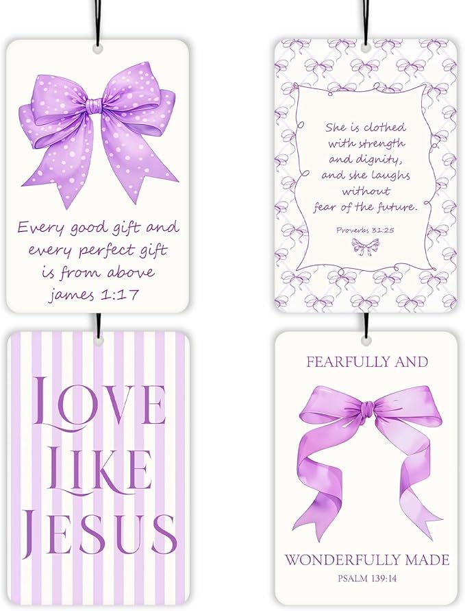 Coquette Purple Bow Christian Lavender Car Air Freshener 4 Pcs, Preppy Girly Bible Verse Air Freshener Hanging Decor for Cars Closet Drawer Books, Christian Accessories Gifts for Girls