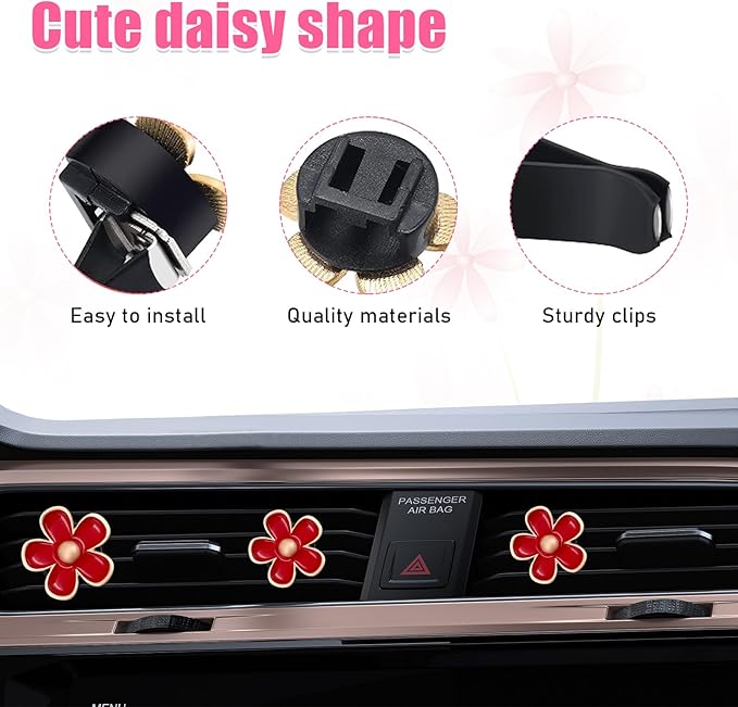 6PCS Car Air Vent Clip, Daisy Flower Auto Scents Air Freshener Clip with 6 Fragrance Piece, Decorative Auto Air Conditioning Clip for Women Girl, Universal Car Accessories (Red)