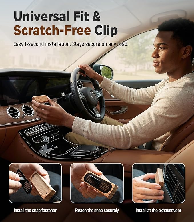 Natural Wooden Car Air Freshener for Vent Clips- Cherry/Vanilla/Bubblegum Scents, Long-Lasting Odor Eliminator with Metal Clip, 3 Refillable Wood Chips for Cars/Trucks/SUVs