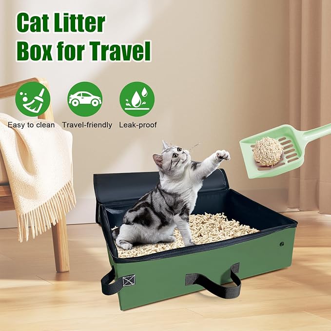 Large Portable Cat Travel Litter Box, 20x14x6.5 Inches with Zipped Lid & 10 Liners, Leak-Proof, Lightweight, Sturdy & Waterproof and Foldable for Hotels, Car, & Camping