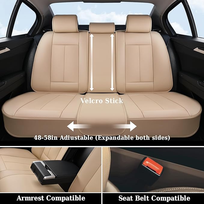 Coverado Car Seat Covers Full Set, Seat Covers Waterproof, Nappa Leather Seat Covers for Cars, Front and Back Car Seat Protector, Breathable Seat Cushion, Seat Cover Universal Fit Most Cars(Beige)