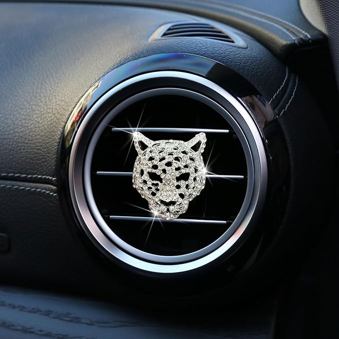 4 Pcs Bling Leopard Air Vent Clips, Crystal Car Air Fresheners Vent Clips Diffuser Rhinestone Leopard Decoration Car Interior Decor Bling Accessories for Women (White)