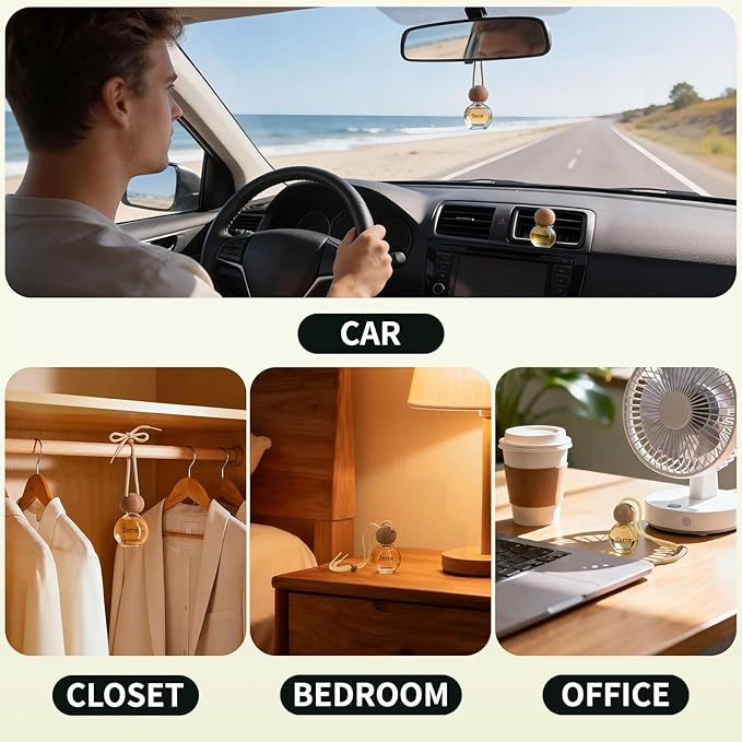 Car Air Freshener Hanging 2 Pack, Terre Scent Essential Oil Diffuser Long Lasting Up to 150 Days, Cute Car Accessories with 2 Vent Clip for Women Men Gift, Odor Eliminator