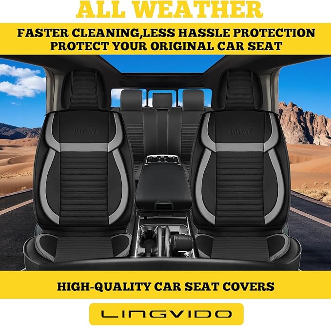 LINGVIDO Front Car Seat Covers, Faux Nappa Leather, Airbag Compatible and Waterproof Protectors for Sedans SUVs, Breathable Anti-Slip Interior for Commuters and Rideshare, Black/Gray