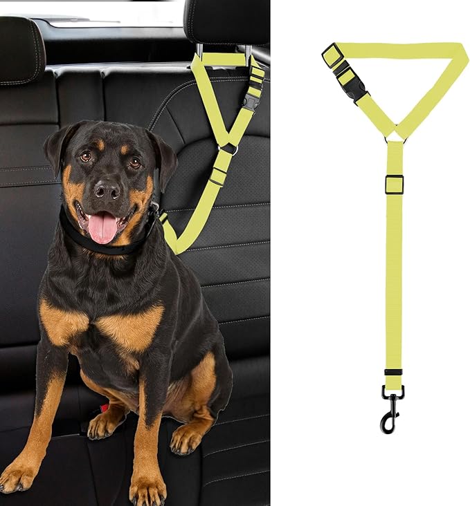 Dog Cat Safety Seat Belt Strap Car Headrest Restraint Adjustable Nylon Fabric Dog Restraints Vehicle Seatbelts Harness (Yellow, No Elastic Bungee-1pcs)