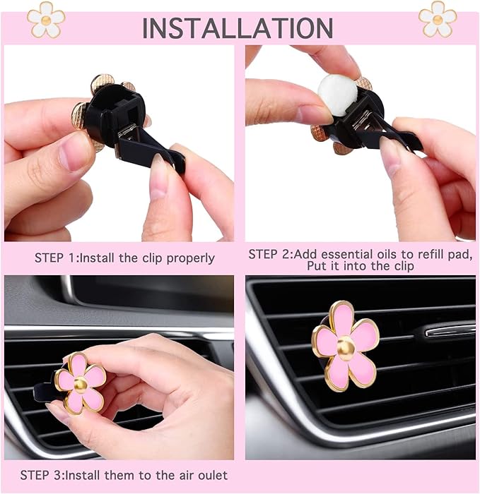 6pcs Car Air Freshener Perfume Clip, Daisy Flower Car Decoration Automotive Dashboard Outlet Air Vent Clip Decor Charm Interior Accessories for Girls Women(3 cm, 3.3 cm, Black, Pink, White)